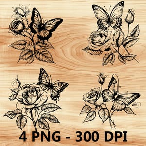 Pétalos de rosa y mariposa, archivo láser, grabado en madera, PNG, corte de cocina, tabla de cortar, diseño de tablón, posavasos, grabado, Xtool, Glowforge, LightBurn, CO2