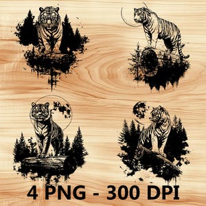 Bosque Tigre salvaje Montaña Animal Archivo láser Grabado en madera PNG Cocina Corte Tabla de cortar Tablón Patrón Posavasos Xtool Glowforge LightBurn Diodo