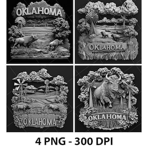 Oklahoma US State Bison Windmills Laser Engraving File Slate PNG Coaster Xtool Wood Black White Grayscale Cnc Glowforge LightBurn CO2 Diode
