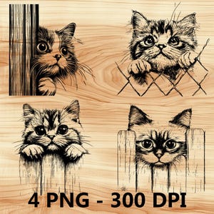 Cerca de gato que mira a escondidas Lindo gatito Mascota Archivo láser Grabado en madera PNG Tabla de cortar para cocina Patrón de tablón Posavasos Xtool Glowforge LightBurn