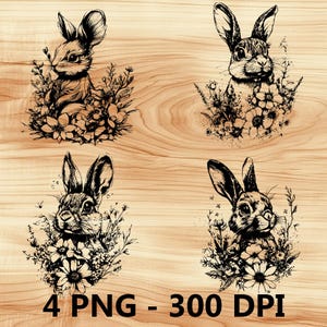 Conejo Liebre Animal del bosque Archivo láser Grabado en madera PNG Tabla de cortar para cocina Patrón de tablón Posavasos Xtool Glowforge LightBurn Diodo