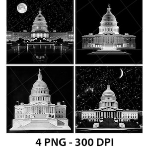 May include: Four black and white images of the US Capitol building at night with a starry sky. The building is lit up and the sky is filled with stars. The images are all different angles of the building.