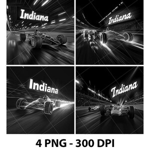 以下が含まれることがあります： レースカーがトラックを高速で走行している白黒の画像が4枚。各画像に「インディアナ」という文字が表示されています。