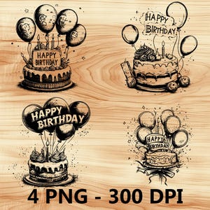 Feliz Aniversário Citação Balões Bolo Gravação a Laser Arquivo Ardósia PNG Coaster Xtool Madeira Preto Branco Tons de Cinza Cnc Glowforge LightBurn CO2 Diodo