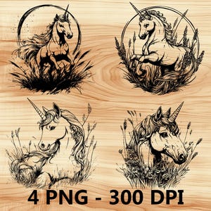 Unicornio Caballo mítico Ciervo Poni Archivo láser Grabado en madera PNG Tabla de cortar para cocina Patrón de tablón Posavasos Xtool Glowforge LightBurn CO2 2D
