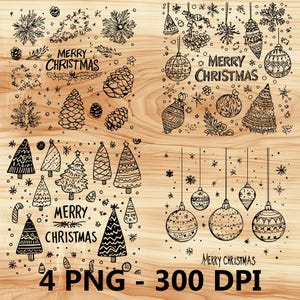 May include: Four digital illustrations of Christmas-themed designs. The first image features a variety of hand-drawn Christmas elements, including trees, baubles, snowflakes, and the text "Merry Christmas". The second image features a variety of hand-drawn Christmas baubles, snowflakes, and the text "Merry Christmas". The third image features a variety of hand-drawn Christmas trees, snowflakes, and the text "Merry Christmas". The fourth image features a variety of hand-drawn Christmas baubles, snowflakes, and the text "Merry Christmas".