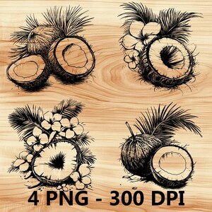 Postre de verano con fruta de coco, archivo láser, grabado en madera, PNG, corte de cocina, tabla de cortar, diseño de tablón, posavasos, grabado, Xtool, Glowforge, LightBurn, CO2