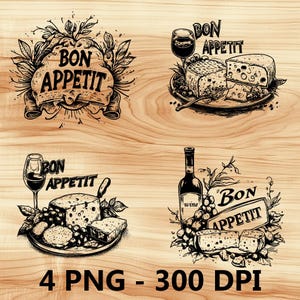 Buen provecho Uvas Vino Queso Archivo láser Grabado en madera PNG Corte de cocina Tabla de cortar Diseño de tablón Posavasos Grabado Xtool Glowforge LightBurn CO2