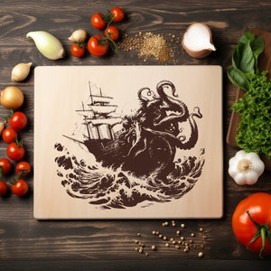 Archivo PNG láser de pulpo y calamar Kraken para grabar en bandeja de madera, tabla para embutidos, posavasos, grabado Xtool, CNC, Glowforge, LightBurn