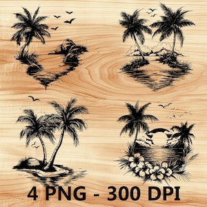 Archivo láser de palmeras, playa, isla, verano, grabado en madera, PNG, corte de cocina, tabla de cortar, diseño de tablón, posavasos, grabado, Xtool, Glowforge, LightBurn, CO2