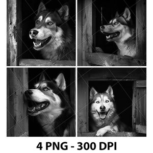 Portrait de race de chien Husky 2D fourrure fichier de gravure laser ardoise PNG dessous de verre Xtool bois noir blanc en niveaux de gris Cnc Glowforge LightBurn Diode CO2