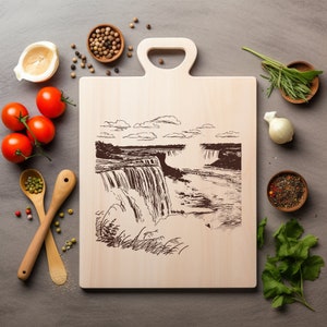 Cascadas Cascadas Bosque Selva Río Archivo láser Grabado en madera PNG Corte de cocina Tabla de cortar Tablón Patrón Posavasos Xtool Glowforge LightBurn 3D
