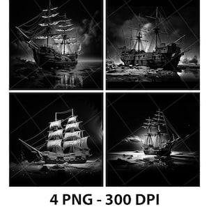 Vieux bateau pirate bateau quai abandonner fichier de gravure laser ardoise PNG dessous de verre Xtool bois noir blanc en niveaux de gris Cnc Glowforge LightBurn Diode CO2
