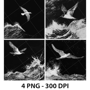 Voo de pássaro sobre onda do oceano, arquivo de gravação a laser, ardósia, PNG, porta-copos, Xtool, madeira, preto, branco, tons de cinza, CNC, Glowforge, LightBurn, CO2, diodo