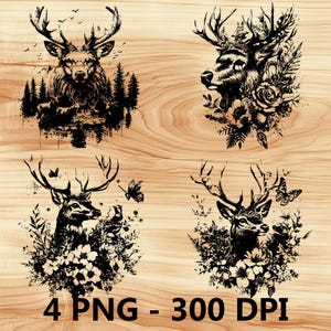 Antílope Ciervo Alce Alce Bosque Archivo láser Grabado en madera PNG Tabla de cortar para cocina Patrón de tablón Posavasos Xtool Glowforge LightBurn CO2 2D