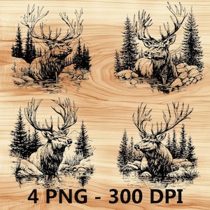 Ciervo, ciervo macho, antílope, alce, bosque, archivo láser, grabado en madera, PNG, tabla de cortar para cocina, patrón de tablón, posavasos, Xtool, Glowforge, LightBurn, CO2