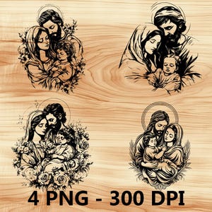 Puede incluir: Cuatro ilustraciones en blanco y negro de la Sagrada Familia, que representan a María, José y el niño Jesús. Las imágenes están adornadas con halos y elementos florales. El texto "4 PNG - 300 DPI" se encuentra en la parte inferior.