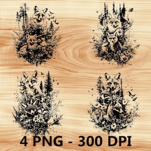 Renard, renards, animal de la forêt, fichier laser, gravure sur bois PNG cuisine découpée, planche à découper, motif sous-verre Xtool Glowforge LightBurn CO2 2D