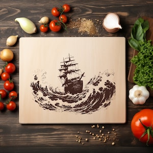 Barco pirata Barco Archivo PNG láser Grabado de madera Tabla Bandeja Embutidos Tablón Quemar Posavasos Grabado Xtool Negro Blanco Cnc, Glowforge, LightBurn, CO2