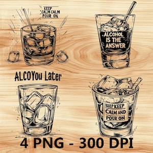 Alcohol Licor Citas Hielo Vaso Archivo láser Grabado en madera PNG Cocina Corte Tabla de cortar Tablón Patrón Posavasos Xtool Glowforge LightBurn CO2 2D