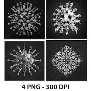May include: Four black and white illustrations of stylized virus cells on a black background. Each image features a different design of the virus cell.