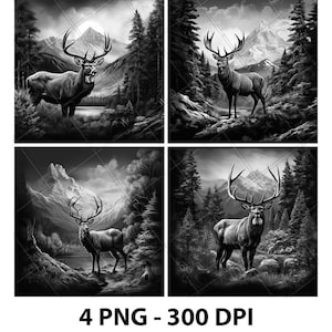Buck Herten Elanden Bomen Bergbos Lasergravure Bestand Leisteen PNG Onderzetter Xtool Hout Zwart Wit Grijstinten Cnc Glowforge LightBurn CO2-diode