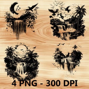 Cascadas Bosque Selva Cataratas Arroyo Archivo láser Grabado en madera PNG Corte de cocina Tabla de cortar Patrón de tablón Posavasos Xtool Glowforge LightBurn