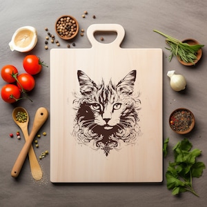 Gato Gatito Archivo PNG Láser Grabado Tabla de Madera Bandeja Charcutería Tablón Quemar Posavasos Grabado Xtool Negro Blanco CNC, Glowforge, LightBurn, CO2