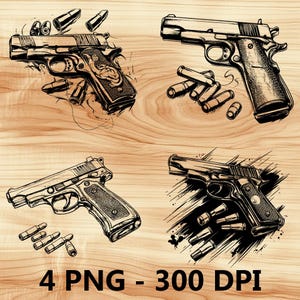Pistola calibre 45 Balas de pistola Armas de fuego Archivo láser Grabado en madera PNG Tabla de cortar Tabla de cortar Patrón de tablón Posavasos Xtool Glowforge LightBurn