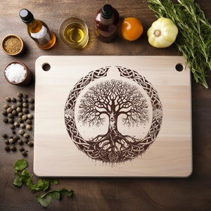 Árbol del conocimiento de la vida Archivo PNG láser Grabado Tabla de cortar de madera Bandeja Tabla de embutidos Posavasos Xtool Negro Blanco Cnc Glowforge LightBurn 2D