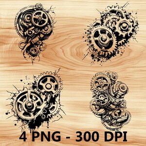 Engranajes, máquina de metal, pieza de motor, archivo láser, grabado en madera, PNG, corte de cocina, tabla de cortar, diseño de tablón, posavasos, grabado, Xtool, Glowforge, LightBurn, CO2