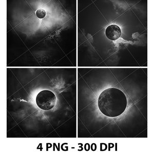 Puede incluir: Cuatro imágenes en blanco y negro de un eclipse solar. El sol está completamente cubierto por la luna, con un halo brillante de luz a su alrededor. Las imágenes muestran el eclipse en diferentes etapas, con la luna moviéndose a través del sol.