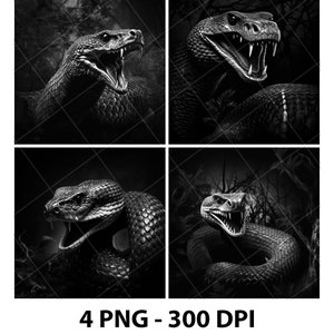 Może przedstawiać: Cztery czarno-białe obrazy węża z otwartą paszczą, pokazującego kły. Wąż jest zwinięty i wydaje się być w groźnej pozie. Obrazy są umieszczone na ciemnym tle z kilkoma liśćmi.