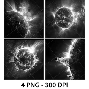Puede incluir: Cuatro imágenes en blanco y negro de una estrella brillante y brillante con un halo blanco. La estrella está en el centro de cada imagen y está rodeada de un fondo oscuro.