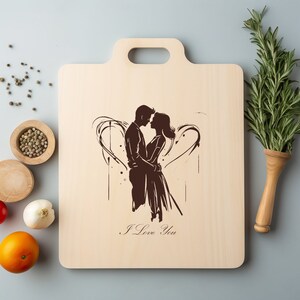 Pareja de enamorados besándose Archivo PNG láser Grabado de madera Tabla Bandeja Embutidos Tablón Quemar Posavasos Grabado Xtool Negro Blanco CNC, Glowforge, LightBurn, CO2