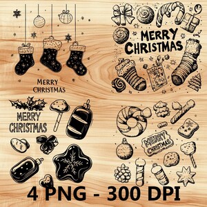 May include: A set of four digital clipart images featuring hand-drawn Christmas illustrations. The images include stockings, ornaments, candy canes, gingerbread cookies, and the text "Merry Christmas".