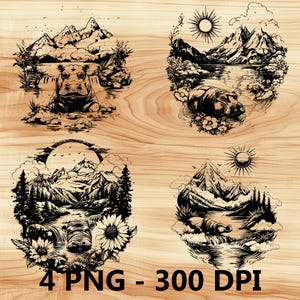 Verano Hipopótamo Alpes Montañas Río Lago Archivo láser Grabado en madera PNG Cocina Corte Tabla de cortar Tablón Patrón Posavasos Xtool Glowforge LightBurn