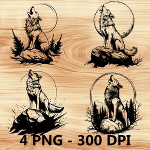 Aullido de lobo Bosque Montaña Animal Archivo láser Grabado en madera PNG Tabla de cortar para cocina Patrón de tablón Posavasos Xtool Glowforge LightBurn CO2 2D
