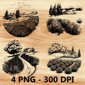 Campos de flores de lavanda, archivo láser, grabado en madera, PNG, corte de cocina, tabla de cortar, diseño de tablón, posavasos, grabado, Xtool, Glowforge, LightBurn, CO2