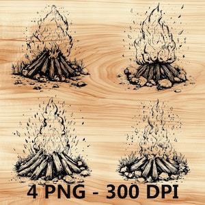 Fogata, hoguera, leña, fuego, archivo láser, grabado en madera, PNG, corte de cocina, tabla de cortar, diseño de tablón, posavasos, grabado, Xtool, Glowforge, LightBurn, CO2