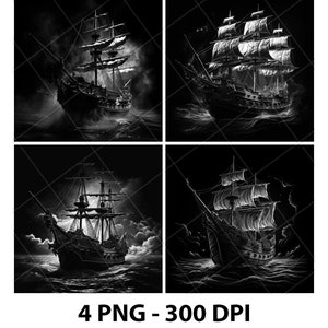 May include: Four black and white digital illustrations of a pirate ship sailing on a dark, stormy sea. The ship has a large sail and a figurehead.