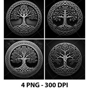 Può includere: Quattro immagini in bianco e nero di un design di albero della vita celtico argentato con nodi intricati. L'albero è stilizzato con un tronco e rami spessi, e le radici sono intrecciate con i nodi.