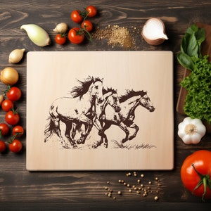 Caballos corriendo Ciervo Poni Burro Archivo láser Grabado en madera PNG Corte de cocina Tabla de cortar Patrón de tablón Posavasos Xtool Glowforge LightBurn Co2