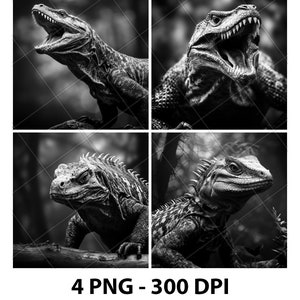 May include: Four black and white photographs of a lizard with its mouth open, showing its teeth. The lizard is in a natural setting with trees and foliage in the background.