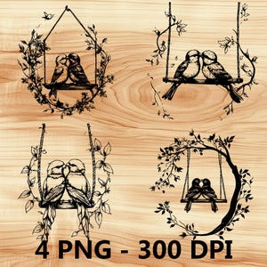 Pájaros enamorados besándose Gorriones columpios Archivo láser Grabado en madera PNG Tabla de cortar para cocina Patrón de tablón Posavasos Xtool Glowforge LightBurn Diodo