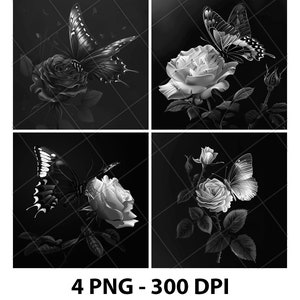 Farfalla Rosa Fiori Insetto Incisione Laser File PNG Ardesia Sottobicchiere Etch Xtool Legno Brucia Nero Bianco Cnc Glowforge LightBurn CO2 Diodo 3D