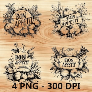 Bon Appetit Ingrediënten Groenten Laserbestand Houtgravure PNG Keuken gesneden snijplank Plankontwerp Onderzetter Etch Xtool Glowforge LightBurn