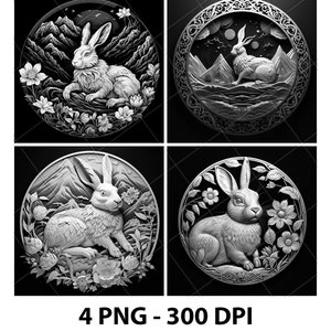 Année du lapin, zodiaque chinois, lièvre, fichier de gravure laser, ardoise, PNG, sous-bock, Xtool, bois, noir blanc, niveaux de gris, CNC, Glowforge, LightBurn, CO2