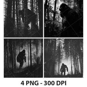 May include: Four black and white images of a large, hairy creature walking through a forest. The creature is a silhouette against the trees and the background is blurred.