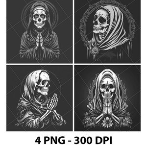 May include: Four digital illustrations of skeletons wearing hooded robes. The skeletons are in different poses, including praying and looking to the side. The illustrations are in black and white and have a gothic aesthetic.
